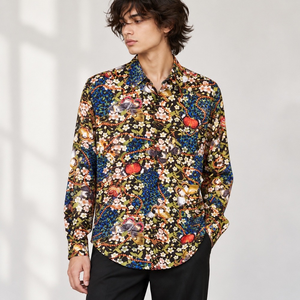 Reason NYC Mens S Butterfly Floral Leopard Button Up Shirt Whimsigoth Maximalist